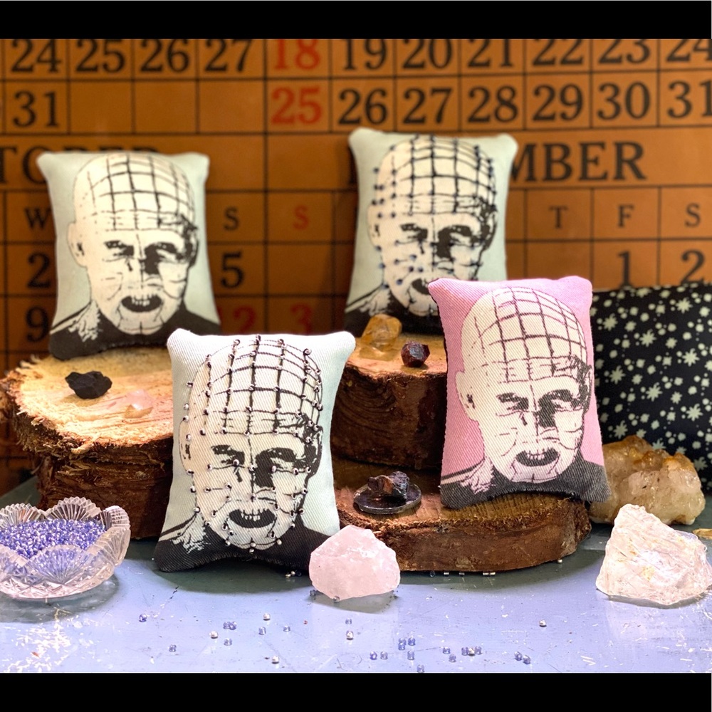 Handmade Hellraiser pin cushions and mini pillows